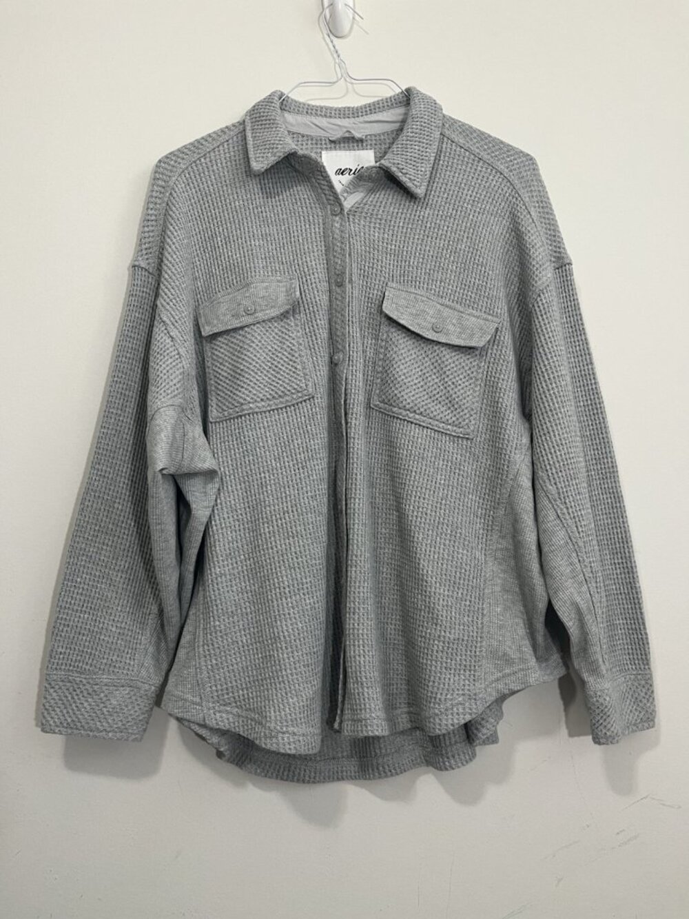 Aerie Lumberjane Waffle Knit Shirt Shacket Womens M Thermal Cozy Gray Oversized